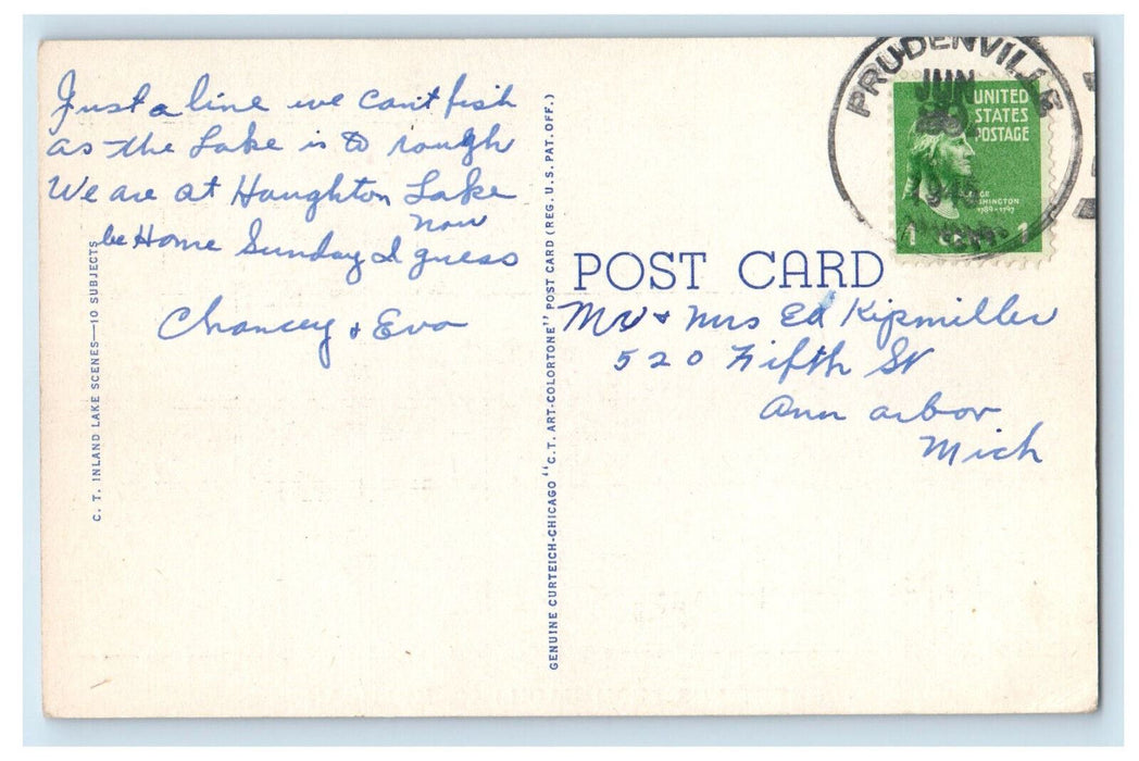 1945  Boats Along The Shore Greetings from Cadillac MI Prudenville MI Postcard