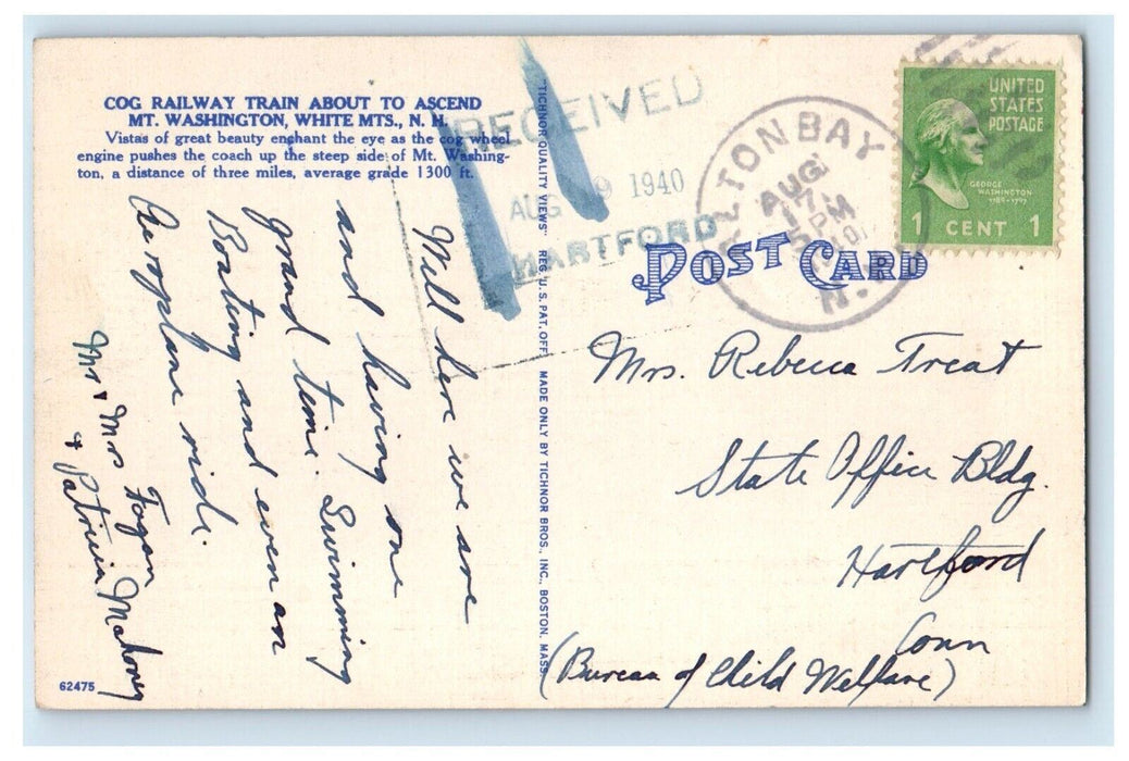 White Mountains NH, Marshfield House Mt. Washington Cog Railway Train Postcard