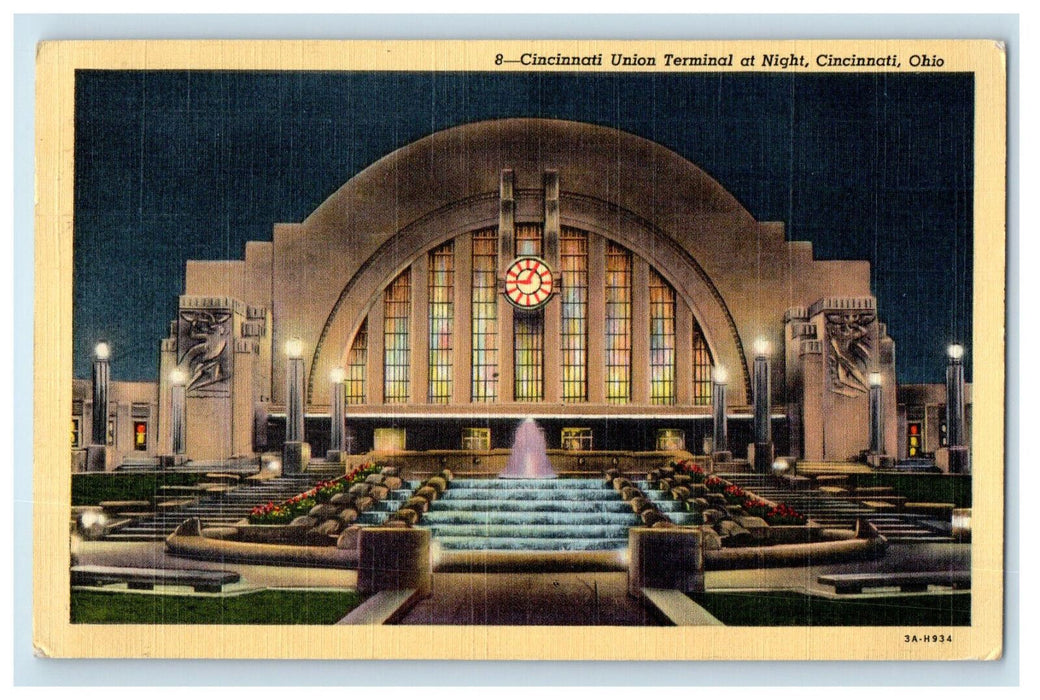 1943 Cincinnati Union Terminal at Night, Cincinnati Ohio OH Postcard