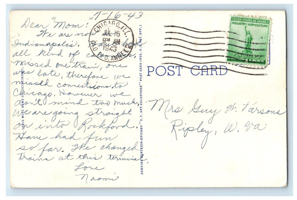 1943 Cincinnati Union Terminal at Night, Cincinnati Ohio OH Postcard
