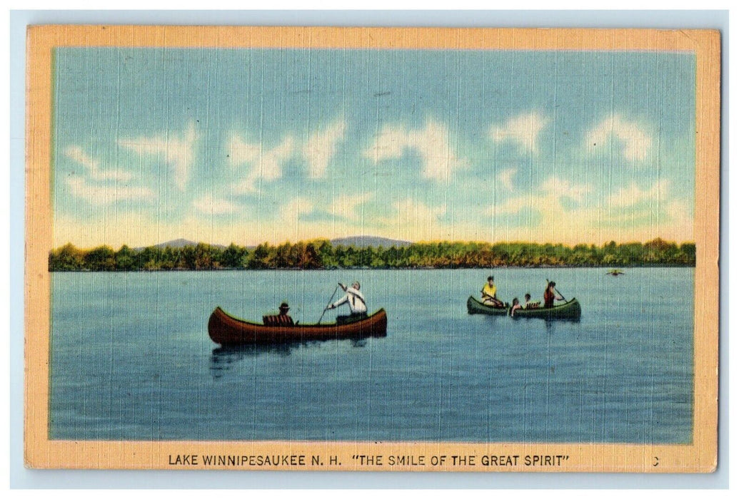 1914 Lake Winnipesaukee NH, The Smile Of The Great Spirit Canoeing Boat Postcard