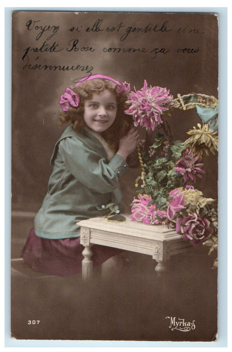 c1910's Pretty Girl School Uniform Flowers Studio Portrait RPPC Photo Postcard