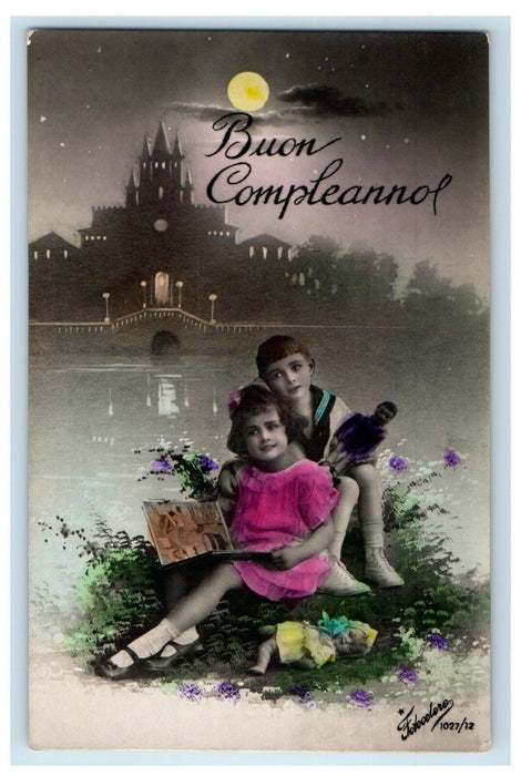 Happy Birthday Greetings Girl Boy Doll Moon View Castle RPPC Photo Postcard
