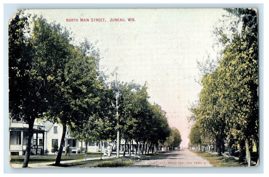 c1910 North Main Street Trees Park Juneau Wisconsin WI Unposted Vintage Postcard