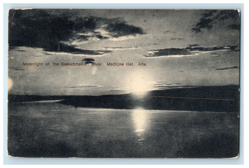 1913 Moonlight on the Saskatchewan River Medicine Hat Alberta Canada Postcard