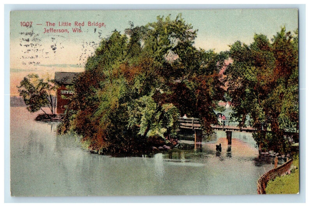 1909 Little Red Bridge Lake Trees View Jefferson Wisconsin WI Vintage Postcard