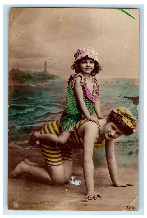 1909 Girls Checkered Beach Swimsuits Studio Portrait RPPC Photo Antique Postcard