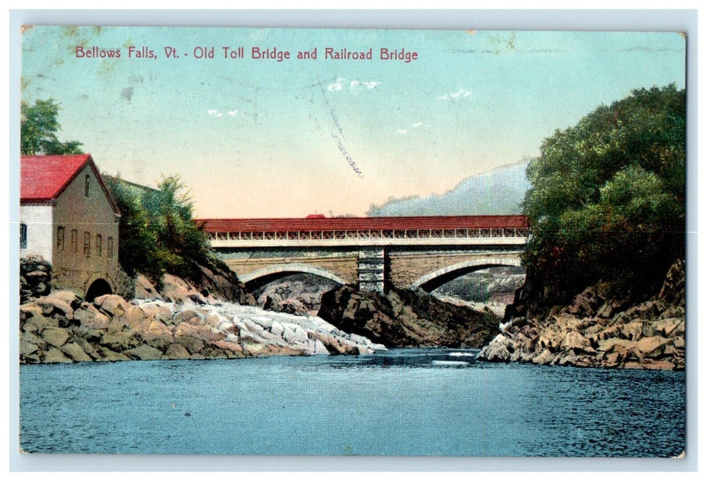 1909 Old Toll Bridge Railroad Bridge Bellows Falls Vermont VT Vintage Postcard