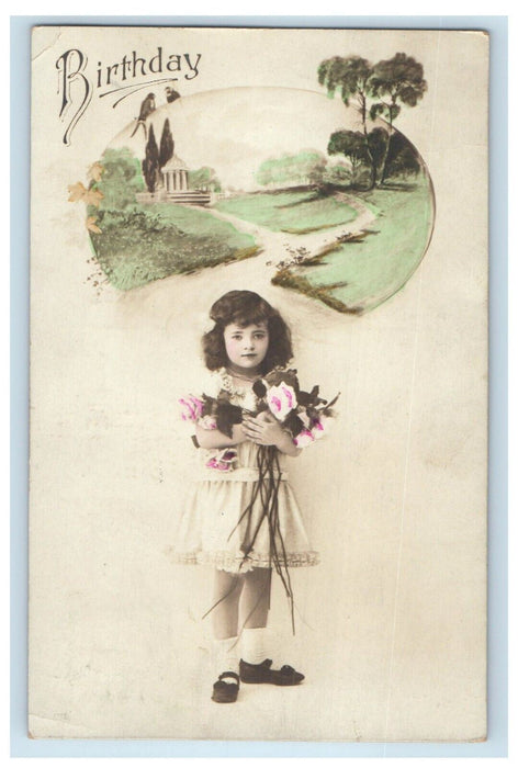 1916 Birthday Greetings Little Girl With Flowers Birds RPPC Photo Postcard