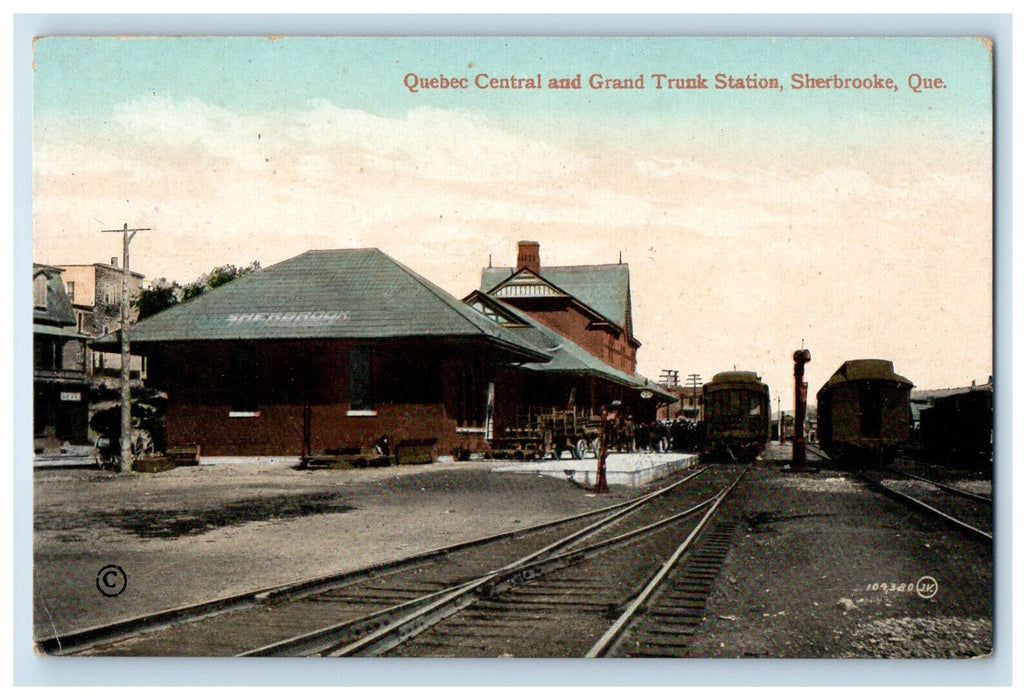 1911 Trains, Quebec Central and Grand Trunk Station Sherbooke Canada Postcard