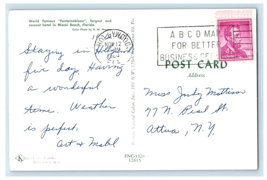 1964 Fontainebleau Largest And Newest Hotel Miami Beach Florida FL Postcard