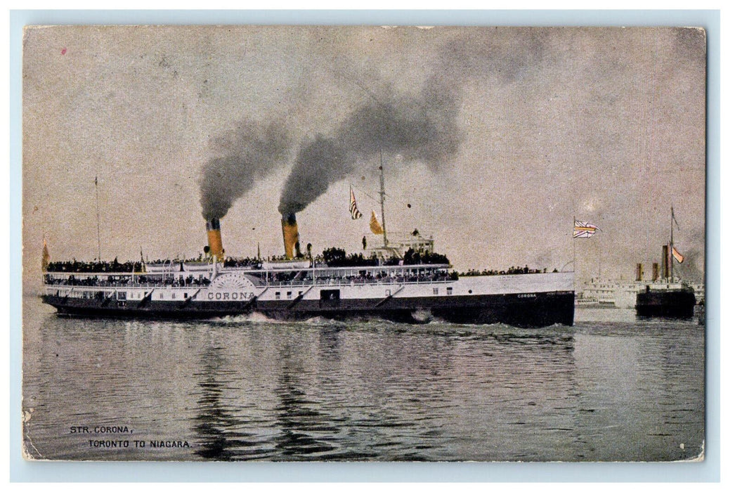 1908 Smoke, Passengers, Steamer Corona, Toronto to Niagara, Canada Postcard