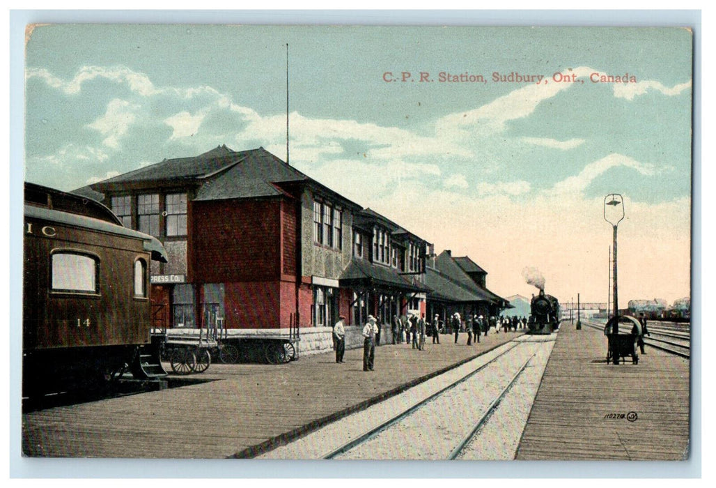 c1910 Train Locomotive C.P.R. Station Sudbury Ontario Canada Postcard