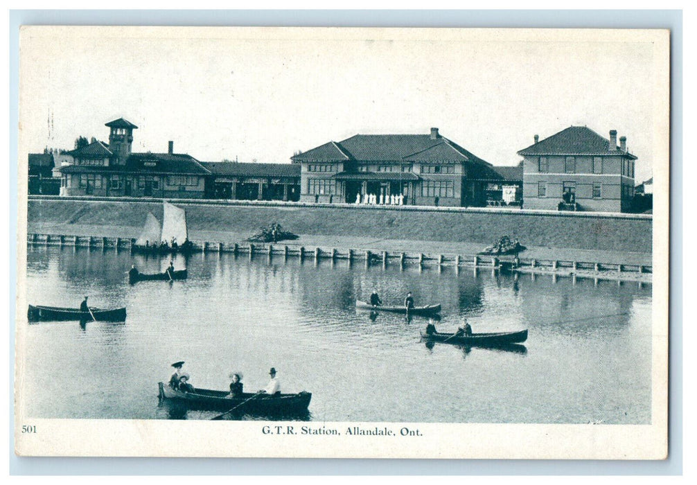 c1910 Boat Scene, GTR Station Allandale Ontario Canada Unposted Postcard