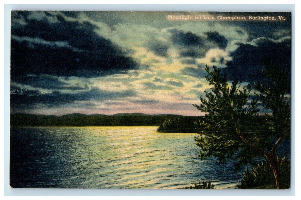 c1940's Moonlight Lake Champlain Night View Burlington Vermont VT Postcard