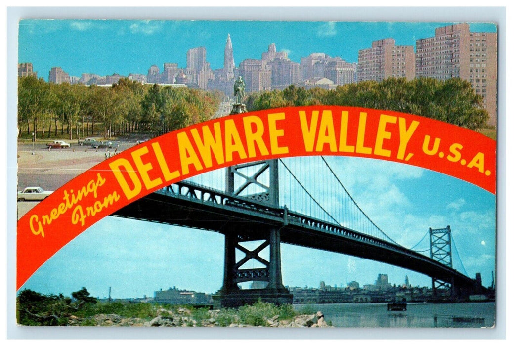 Greetings From Delaware Valley USA, Skyline Benjamin Franklin Bridge Postcard