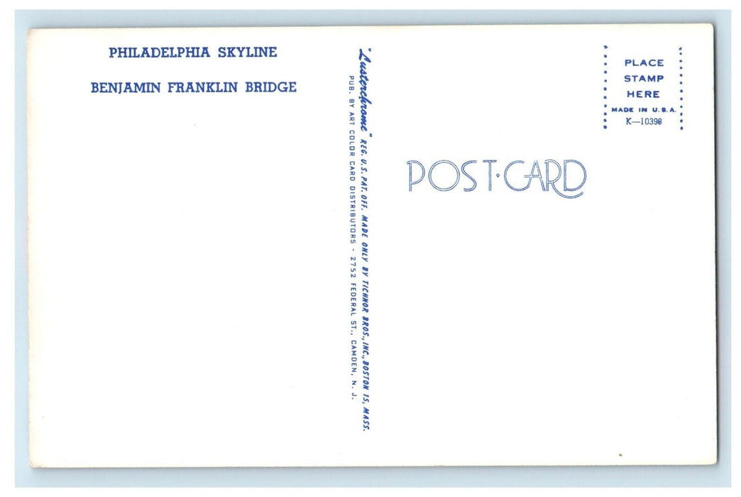 Greetings From Delaware Valley USA, Skyline Benjamin Franklin Bridge Postcard