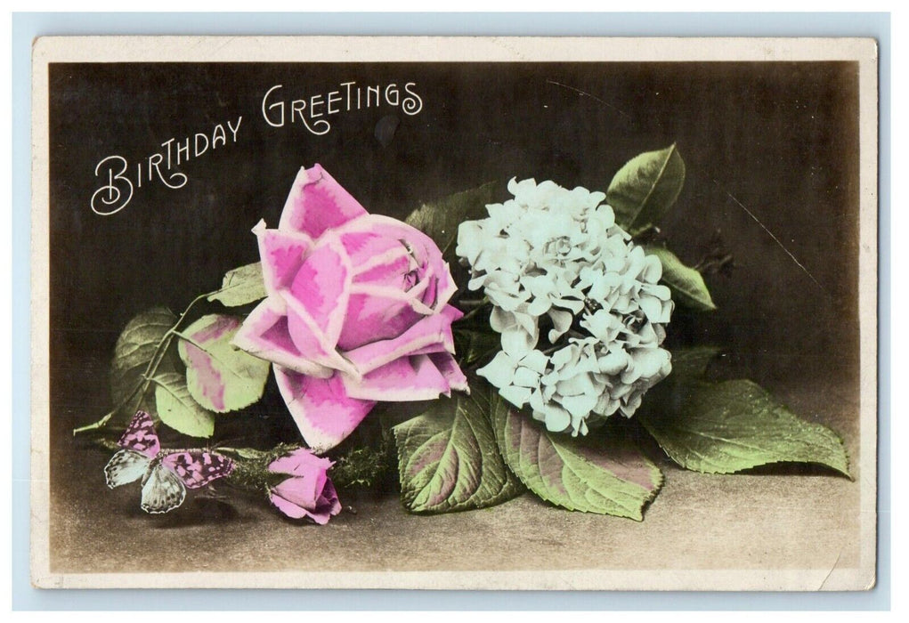 1909 Birthday Greetings Flowers RPPC Photo Posted Antique Postcard