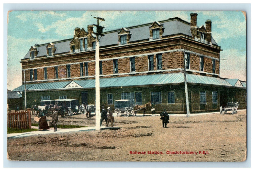 c1910 Horse Carriage, Railway Station Charlottetown PEI Canada Antique Postcard