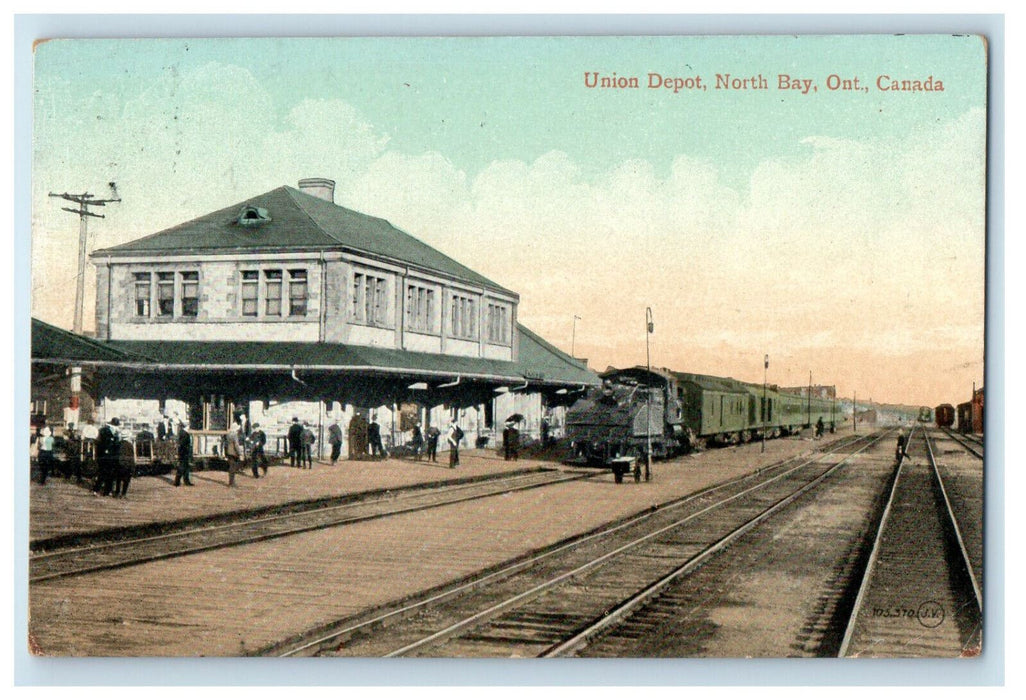 1912 Union Depot, Train Locomotive, Railway North Bay Canada Postcard