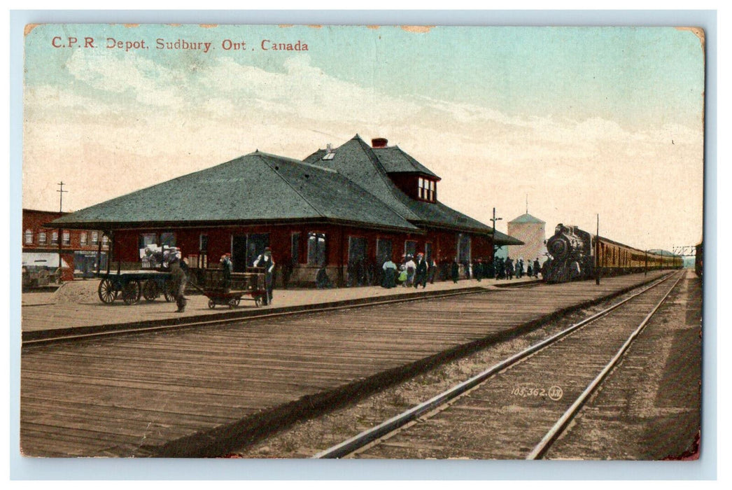 1913 Train Locomotive, Cart C.P.R. Depot, Sudbury Ontario Canada Postcard