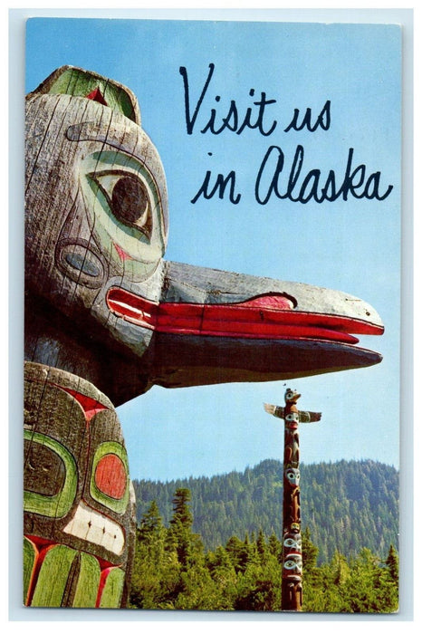 1922 Fairbanks Alaska AK, Carved Totem Pole Saxman Indian Village Postcard