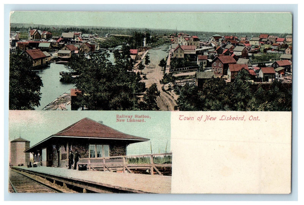 c1910 Railway Station and Town of New Liskeard Ontario Canada Antique Postcard