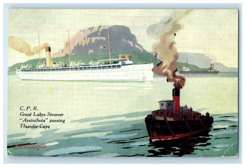 c1930's Great Lakes Steamer "Assiniboia" Passing Thunder Cape Canada Postcard