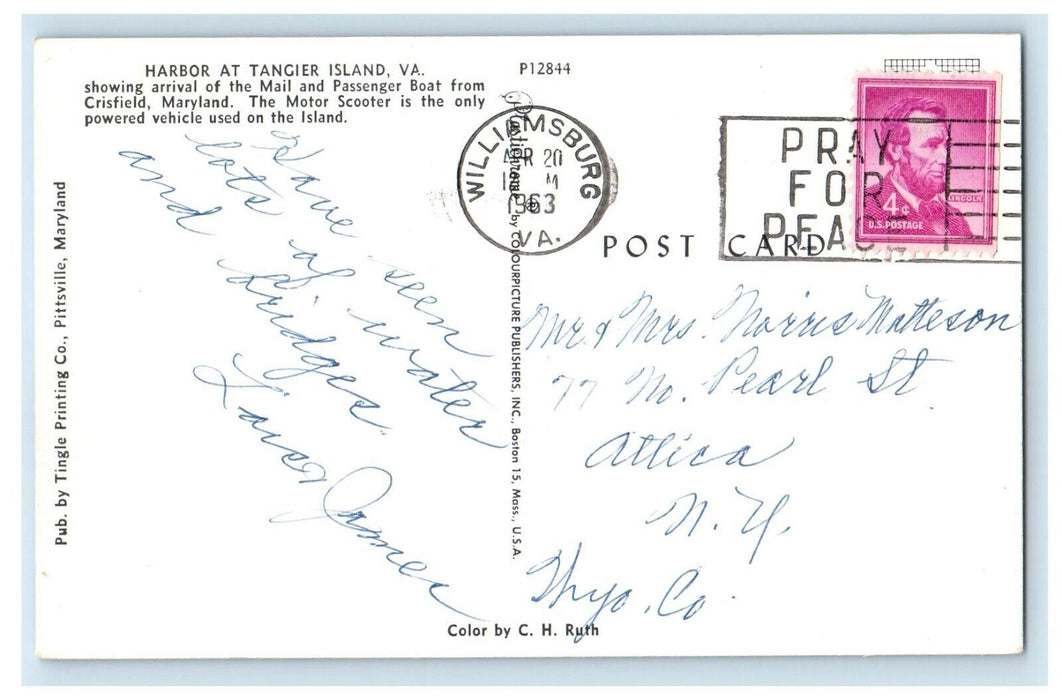 1963 Harbor At Tangier Island VA, Showing Arrival Mail Passenger Boat Postcard