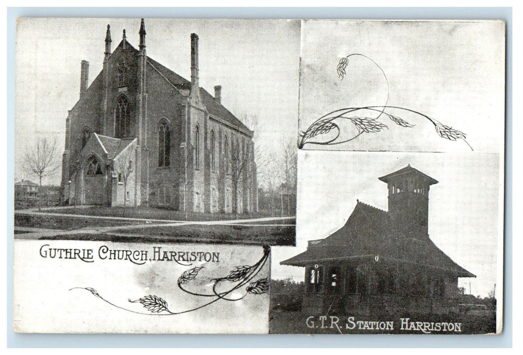 c1910 Guthrie Church Harriston and GTR Station Harriston Ontario Canada Postcard