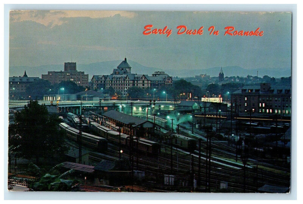 1968 Early Dusk In Roanoke Virginia VA, From Church Avenue Night View Postcard