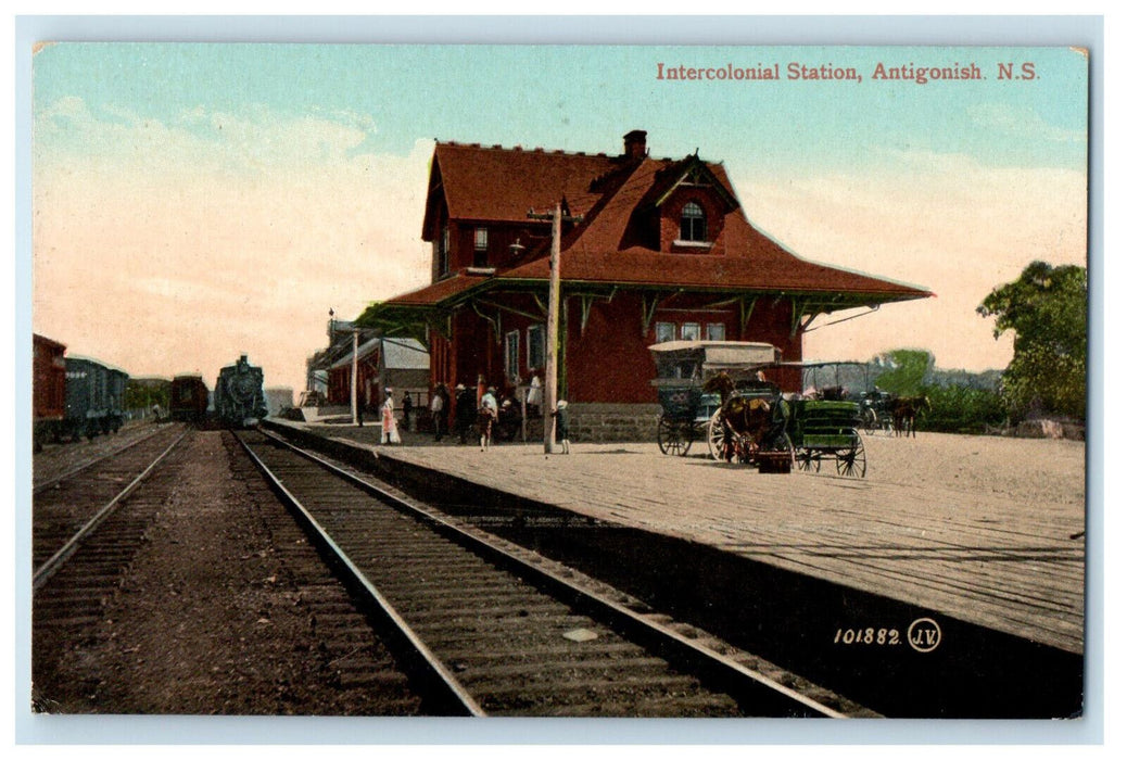 c1910 Train, Horse Car, Intercolonial Station Antigonish Canada Postcard