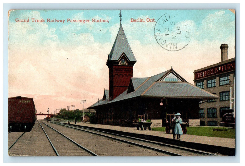 1908 37333 Train, Grand Trunk Railway Passenger Station Berlin Canada Postcard