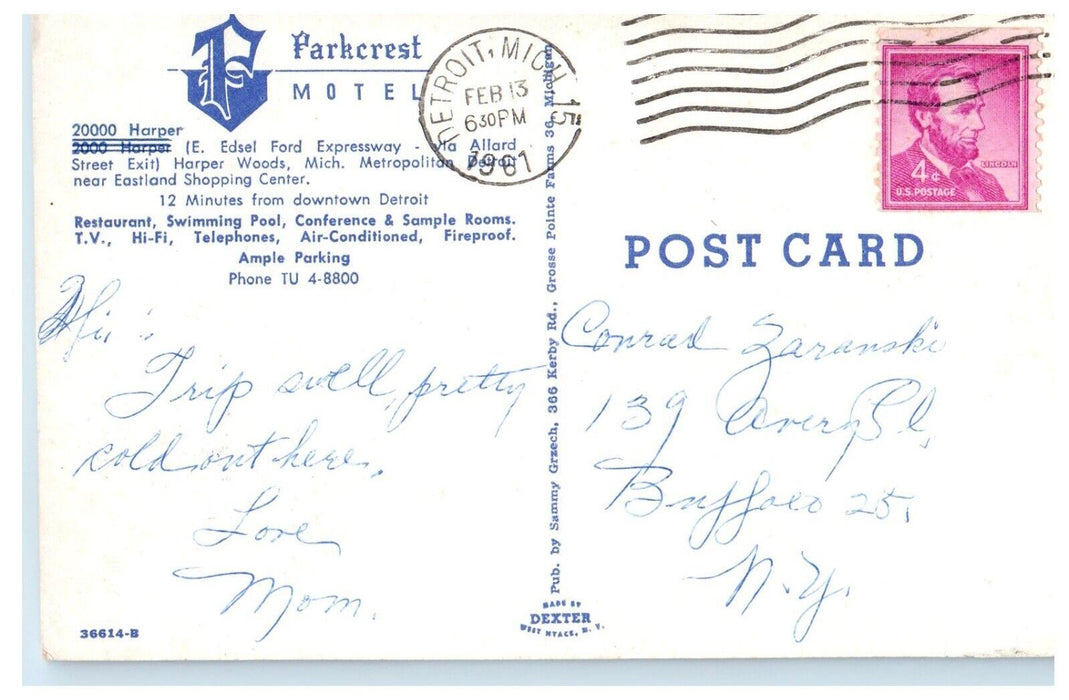 1961 Parkcrest Motel Restaurant And Pool Harper Woods Michigan MI Postcard