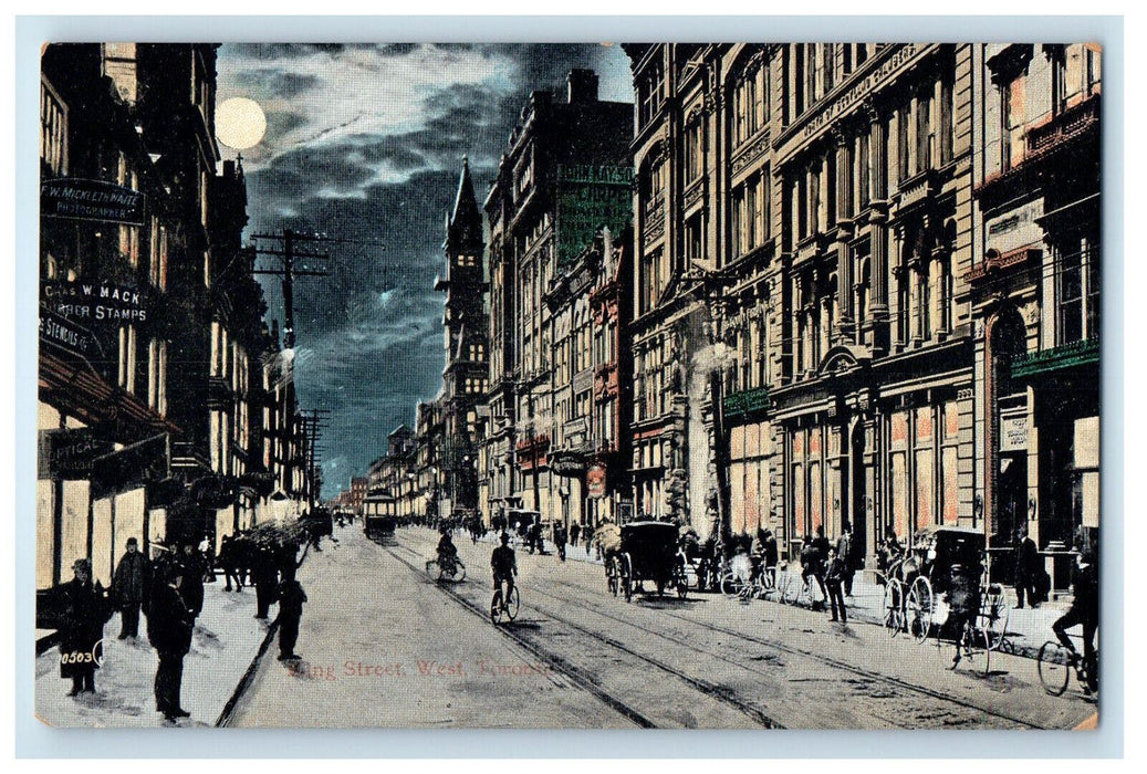 c1905 Moonlight Trolley Car, Bike, Car, King St. West Toronto Canada Postcard