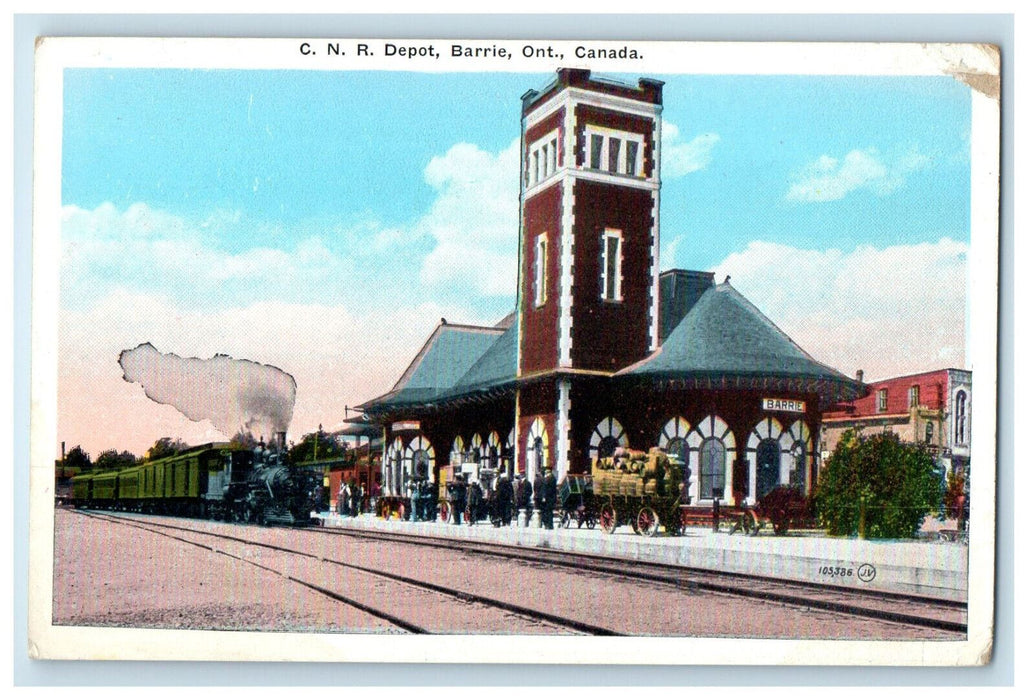 c1930's Train Locomotive, C.N.R. Depot Barrie Ontario Canada Unposted Postcard