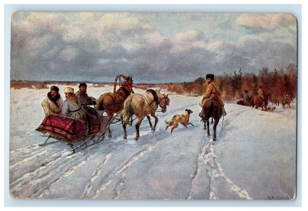 1935 Russia Sleigh Ride Hunting Dog Horses Winter Snow Carmel CA Posted Postcard