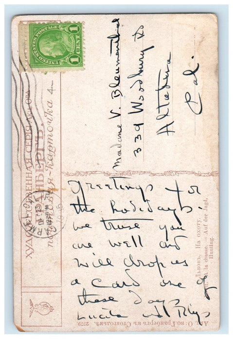 1935 Russia Sleigh Ride Hunting Dog Horses Winter Snow Carmel CA Posted Postcard