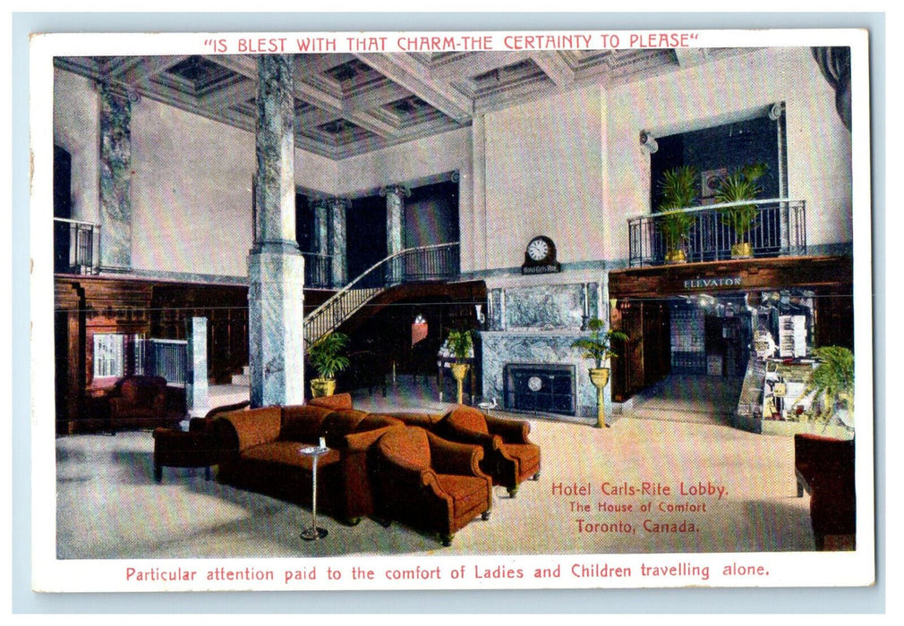 1920 Hotel Carls Rite Lobby, Elevator, Clock, Stairs, Toronto Canada Postcard