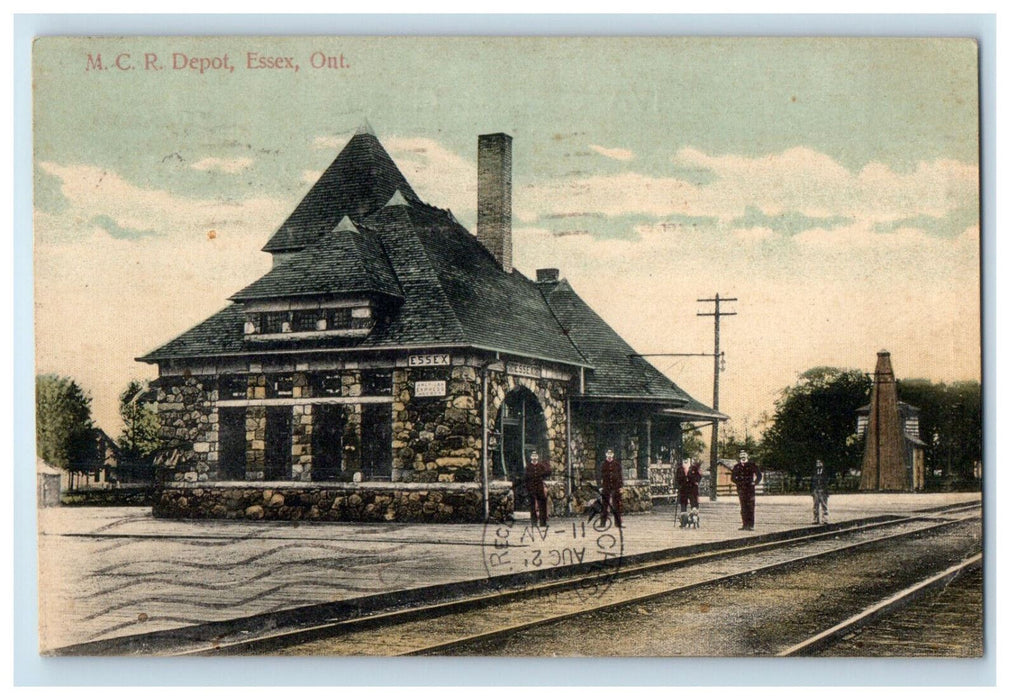 1908 Railway, Men Scene, MCR Depot Essex Ontario Canada Antique Postcard