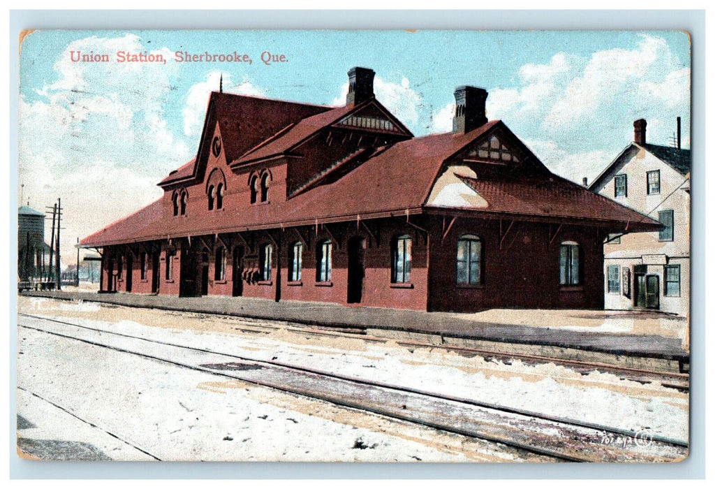 1907 Railway, Union Station Sherbrook Quebec Canada Natick MA Antique Postcard