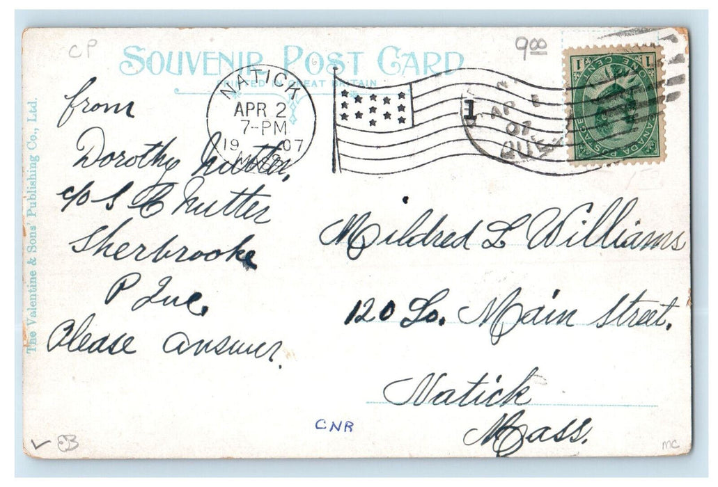 1907 Railway, Union Station Sherbrook Quebec Canada Natick MA Antique Postcard