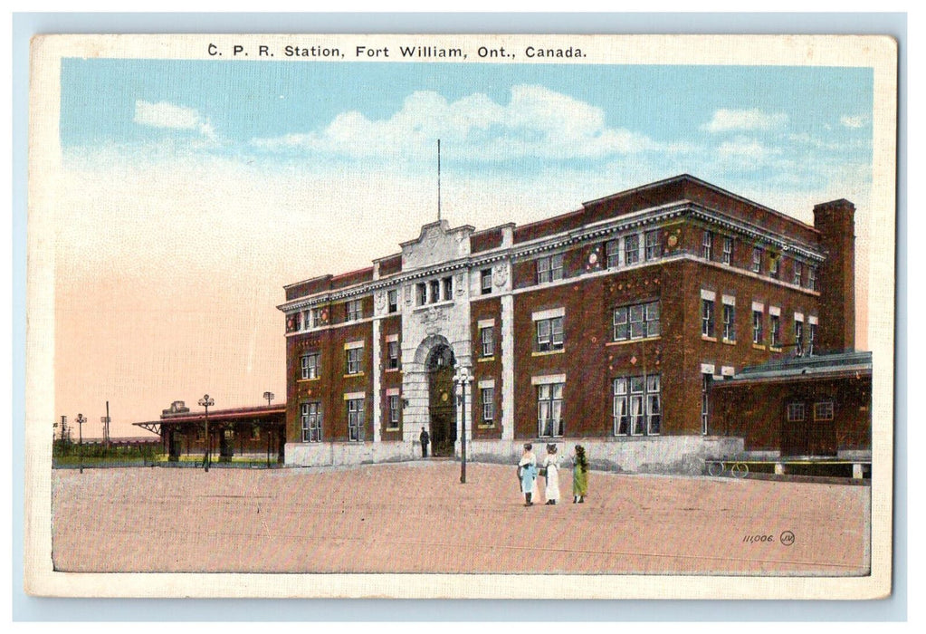 c1920's Entrance View of C.P.R. Station Fort William Ontario Canada Postcard