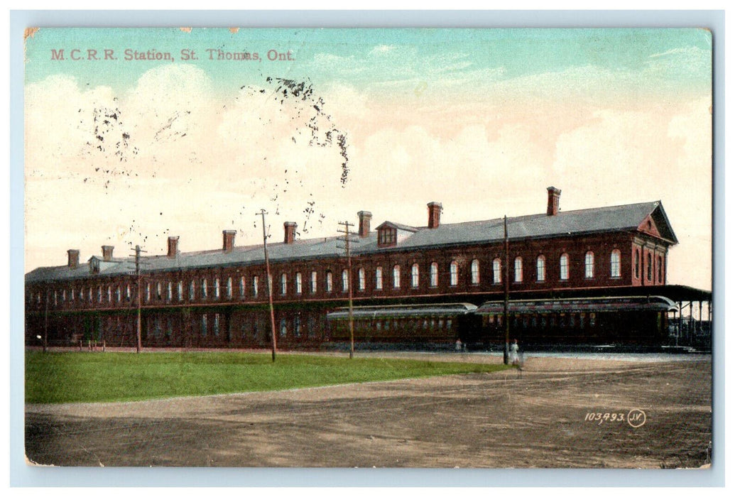 1909 Train Locomotive M.C. Railroad Station St. Thomas Ontario Canada Postcard