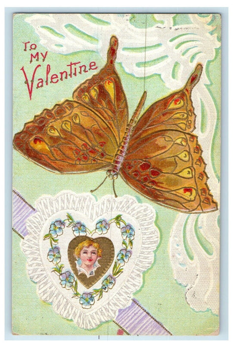 1910 Valentine Orange Butterfly Heart Boy Head Flowers Embossed Antique Postcard
