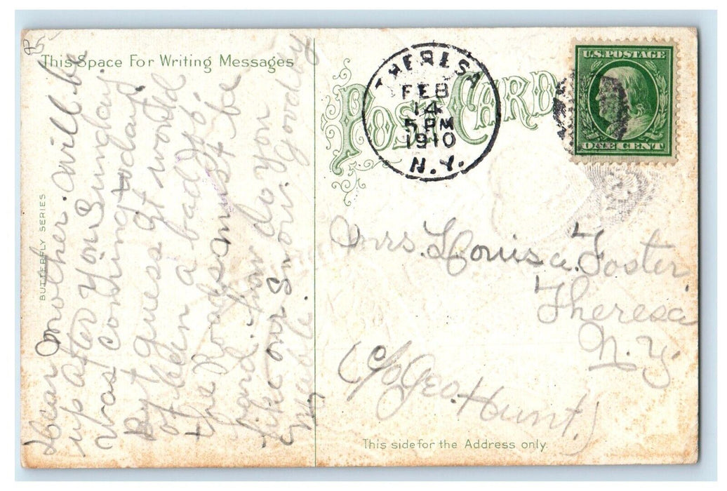 1910 Valentine Orange Butterfly Heart Boy Head Flowers Embossed Antique Postcard