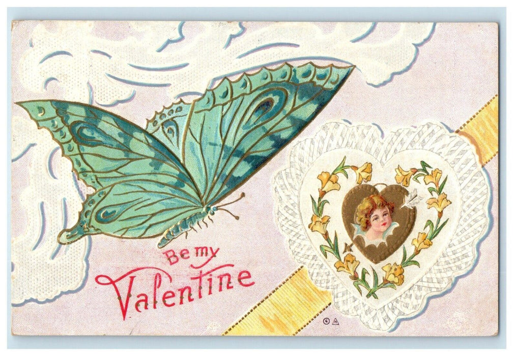 1912 Valentine Butterfly Heart Angel Cherub Head Flowers Embossed Postcard