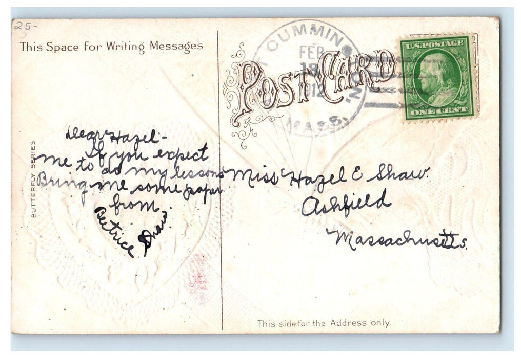 1912 Valentine Butterfly Heart Angel Cherub Head Flowers Embossed Postcard
