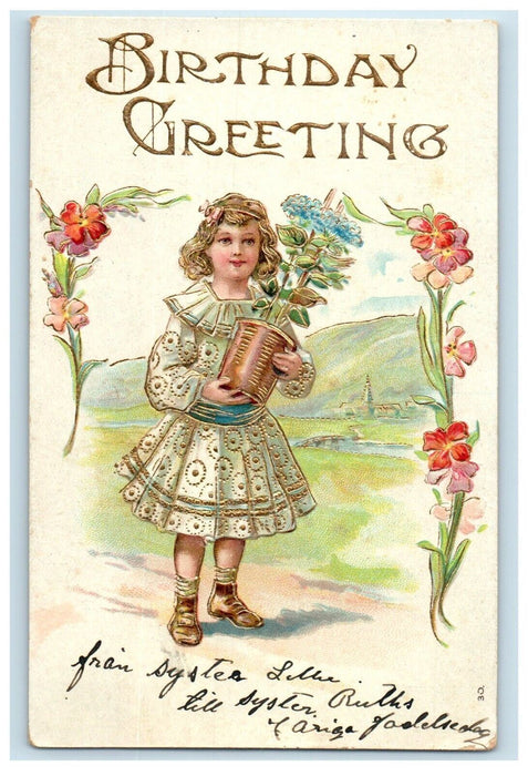 c1910's Birthday Greetings Girl With Flowers Pot Embossed Antique Postcard