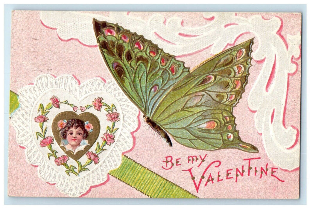 c1910's Valentine Green Butterfly Heart Girl Head Flowers Embossed Postcard